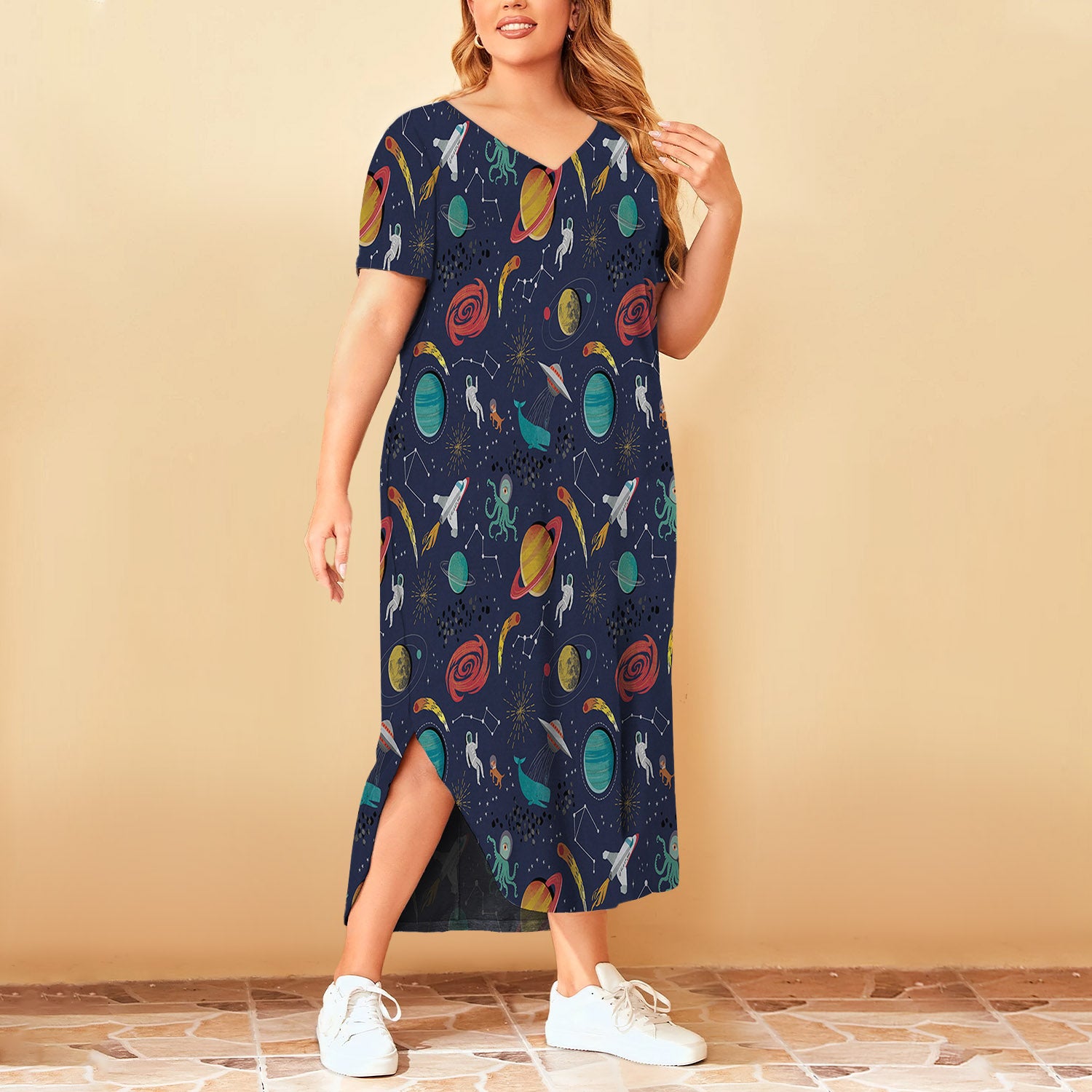 Galaxy Space Ship And Planets Short Sleeve Plus Size Maxi Dress | Plus Size Dress | Summer Dress